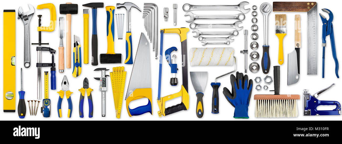 Set enorme collezione di giallo e blu per il fai da te in legno Utensili a mano isolati su sfondo bianco Foto Stock
