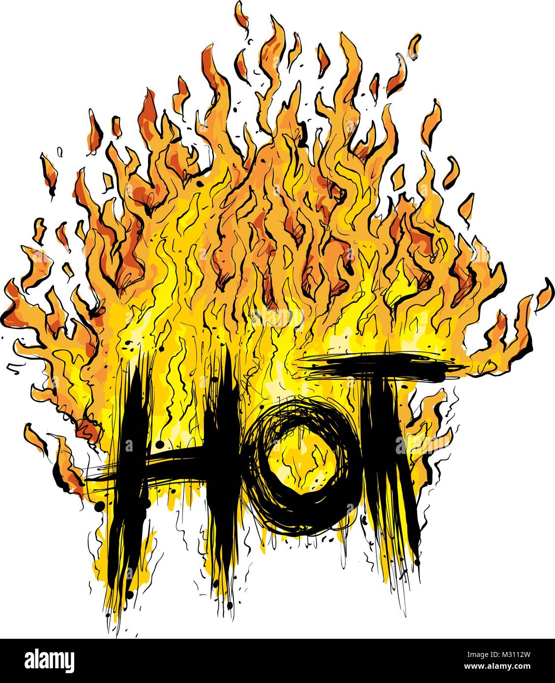 Cartoon di un inferno di fuoco sulla ruvida, testo carbonizzati della parola caldo in lettere maiuscole. Illustrazione Vettoriale