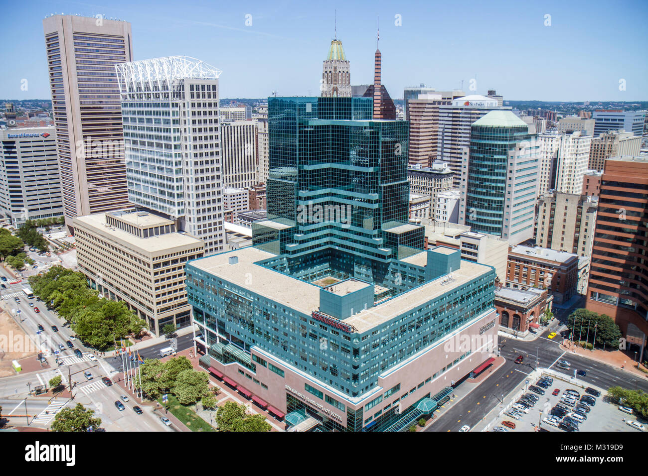 Baltimore Maryland, Inner Harbour, Harbour, World Trade Center, Top of the World, vista sul centro, skyline, The Gallery, centro commerciale, shopping shopper shopping shop Foto Stock