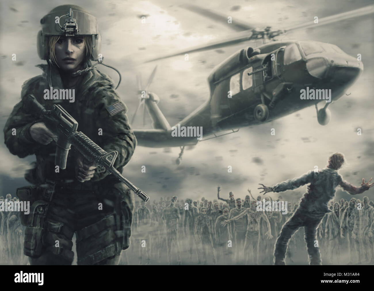 Donna pilota e Zombie Apocalypse. Illustrazione di disegno nel genere di orrore. Zombie Apocalypse zona. Il freddo della tinta verde. Foto Stock