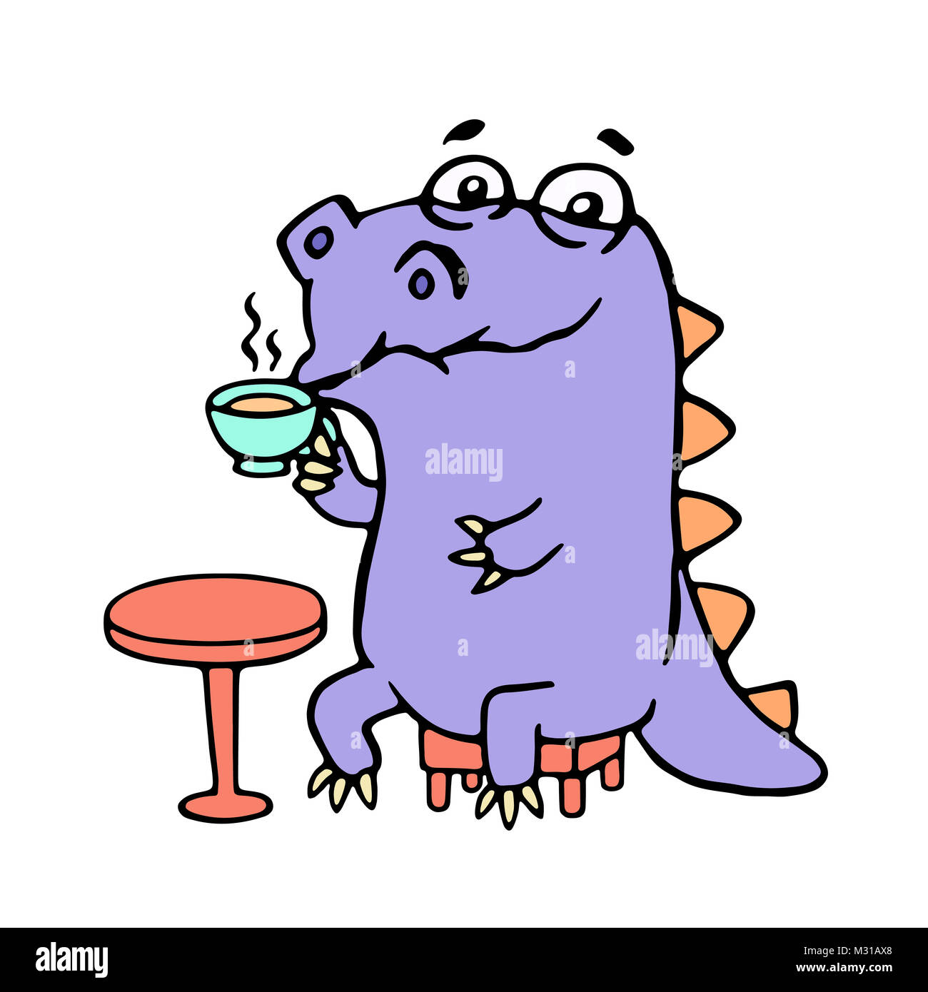 Cartoon viola croc di bere il caffè. Disegno digitale simpatico personaggio. Foto Stock