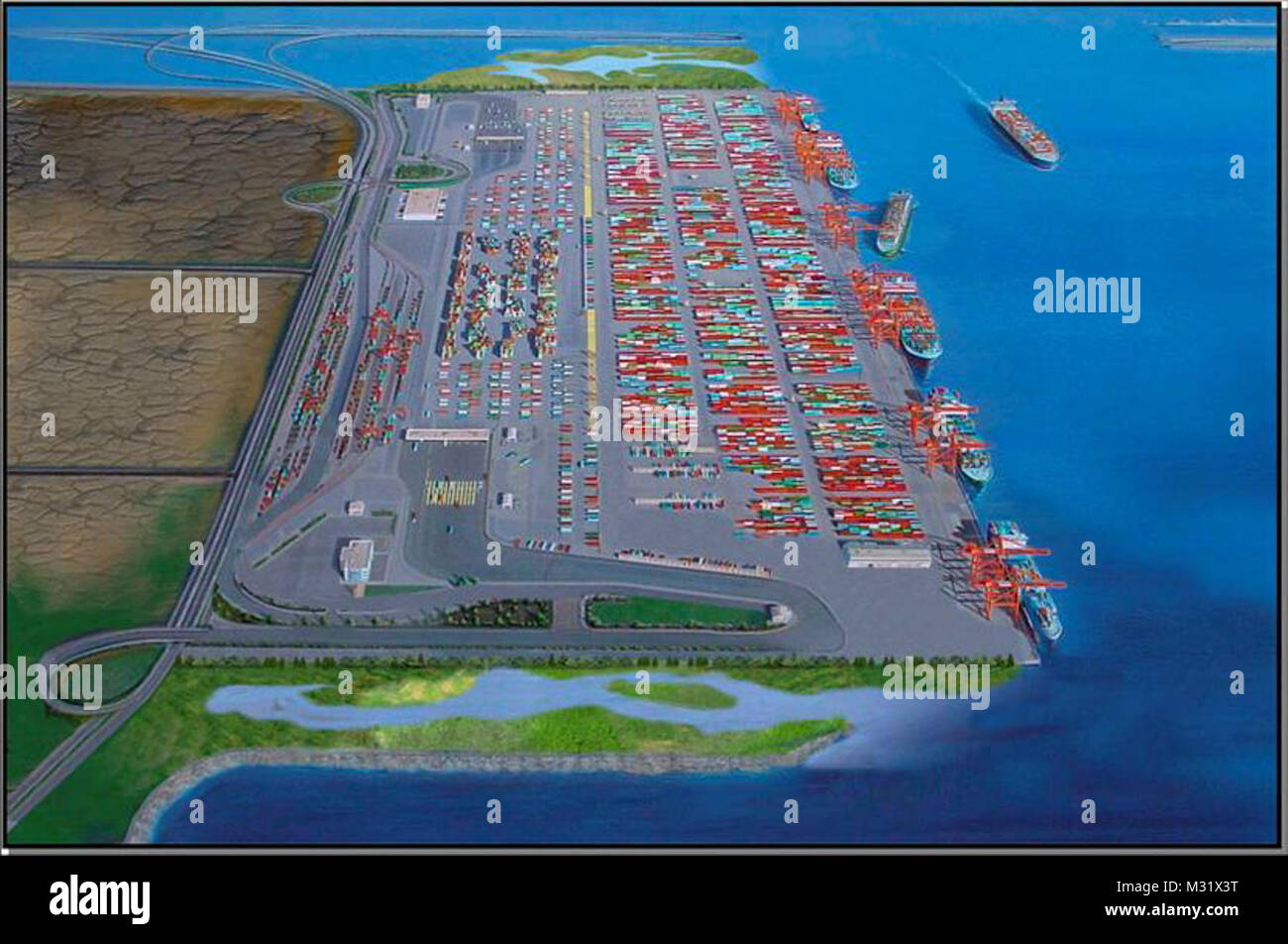 NORFOLK, Virginia (17 giugno 2014) -- Nella foto è un artista Interpretazione di stati uniti Esercito di ingegneri Craney Island l'espansione verso Est, o CIEE, progetto che include un nuovo terminale di porta. Lo scorso ottobre, Corps contraente Precon Marine Inc. di Chesapeake, Virginia, ha iniziato la fase due di un 10-anno, 70 milioni di dollari e 411 acri di mitigazione ambientale piano per compensare gli impatti ecologici associati con le corps CIEE progetto. La fase due ha coinvolto la costruzione di sei santuario permanente Oyster Reef, per un totale di 16 acri. Attraverso un accordo speciale con la Virginia Risorse Marine Commissione, Precon Marine Foto Stock