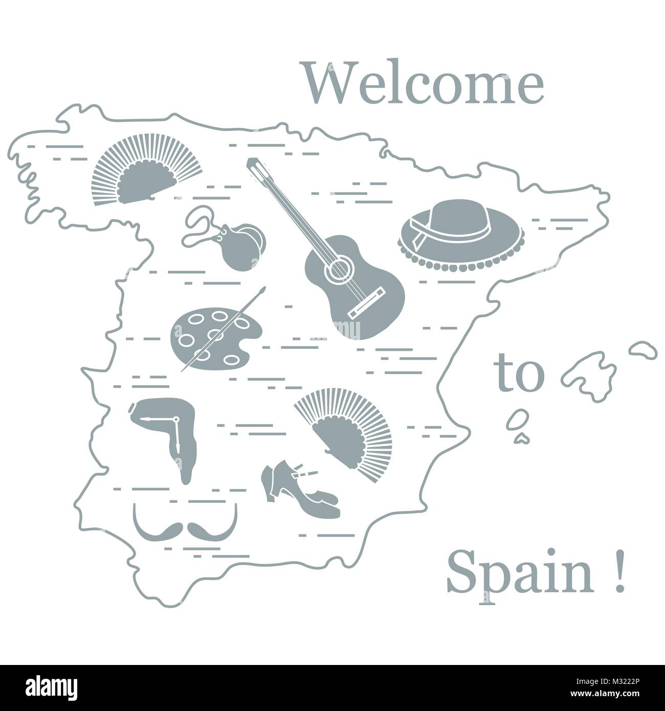 Illustrazione Vettoriale con vari simboli di Spagna disposti in un cerchio. Viaggi e tempo libero. Design per banner, poster o di stampa. Illustrazione Vettoriale