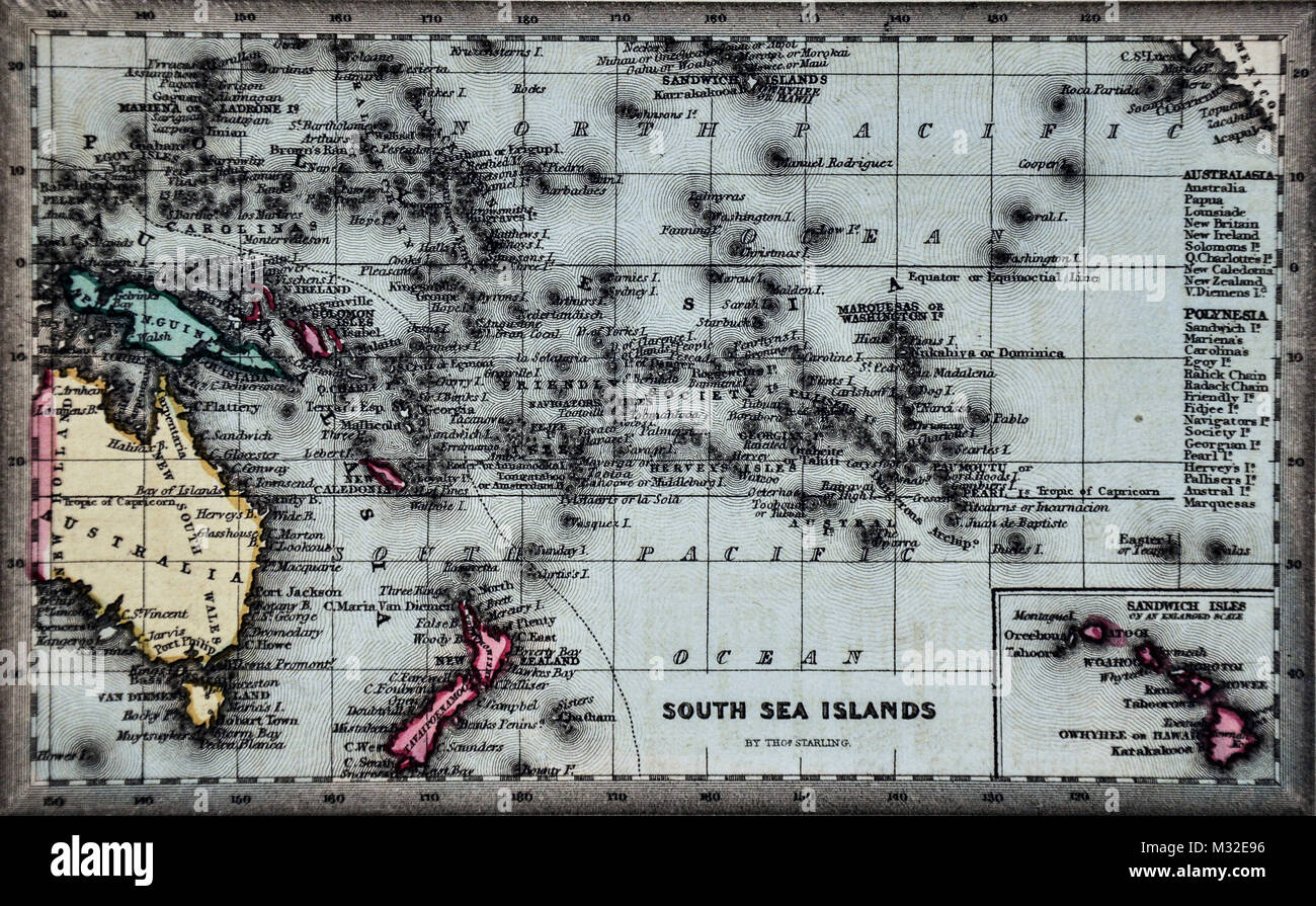 Starling 1834 Mappa - Oceania - Australia Nuova Zelanda Polinesia Hawaii Sud Pacifico Foto Stock