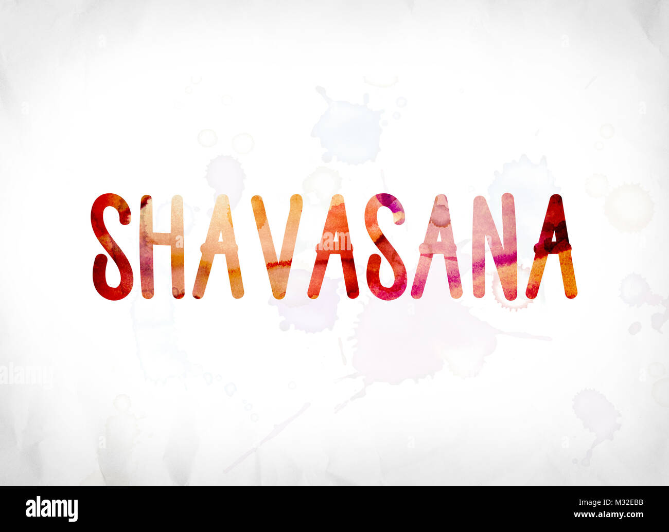 La parola Shavasana concetto e dipinti a tema in acquerelli colorati su un libro bianco sullo sfondo. Foto Stock