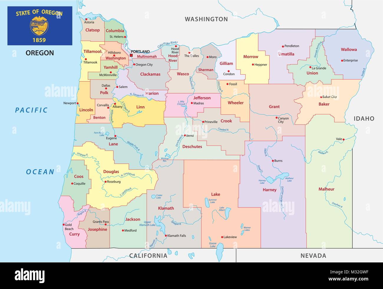 Oregon politica e amministrativa di mappa vettoriale con bandiera Illustrazione Vettoriale
