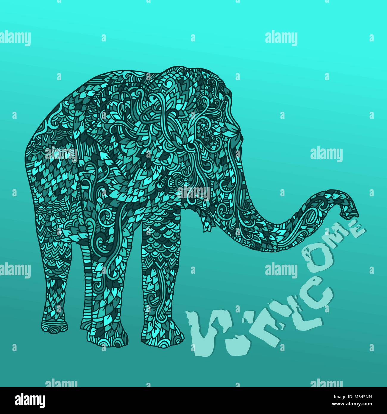 Elefante in stile asiatico. Mandala pattern blu sul gradiente dello sfondo. Benvenuti scritte. Illustrazione Vettoriale. Illustrazione Vettoriale