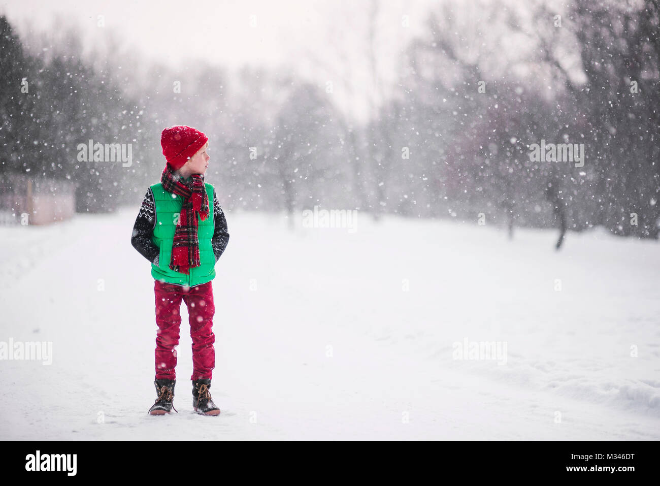 Ragazzo passeggiate nella neve Foto Stock