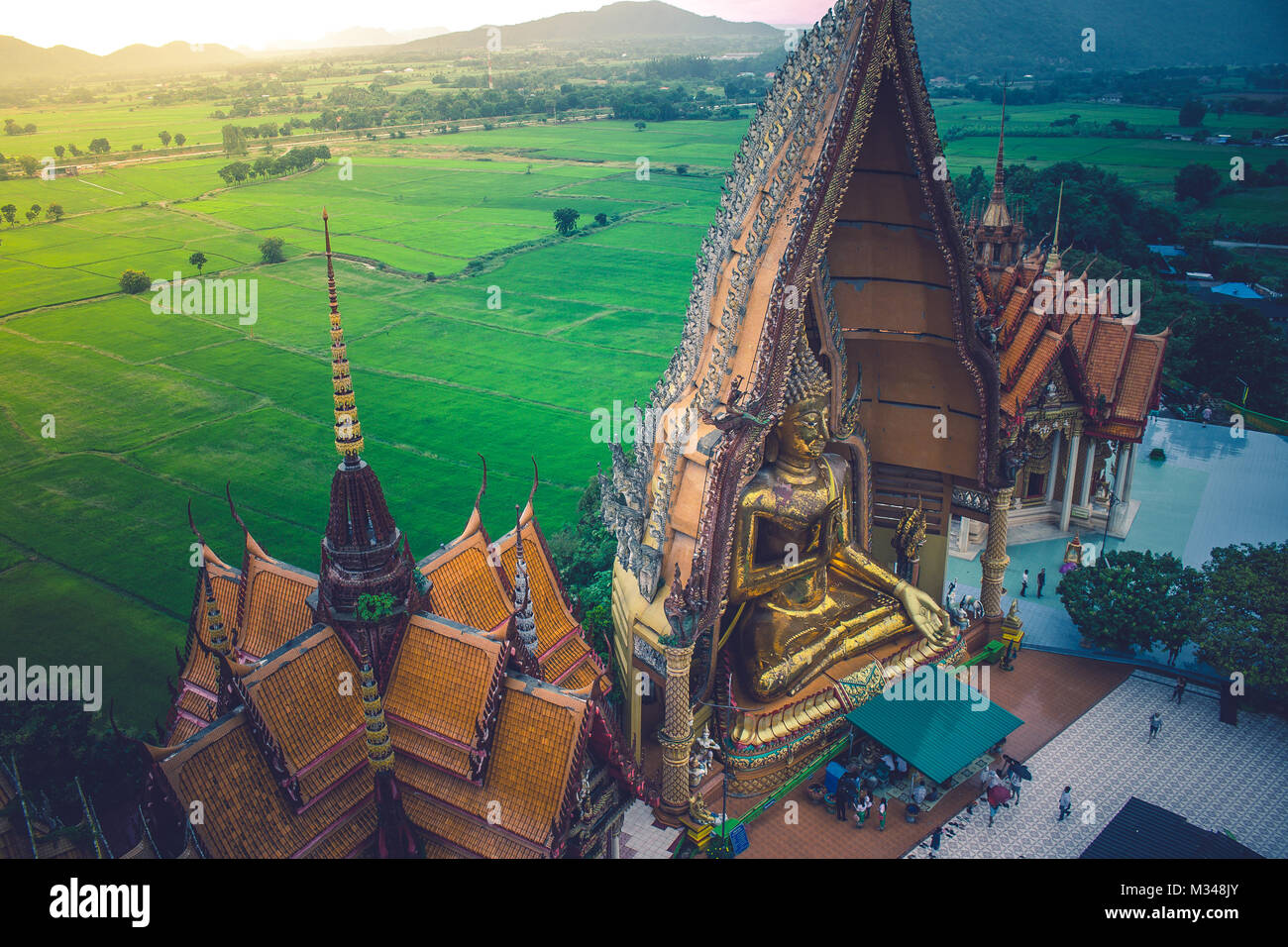 Vista superiore grande golden statua del Buddha con verde naturale e la luce del sole in stile vintage a Thum Sua Tempio o Tiger tempio nella grotta, Kanjanaburi Provine. Foto Stock