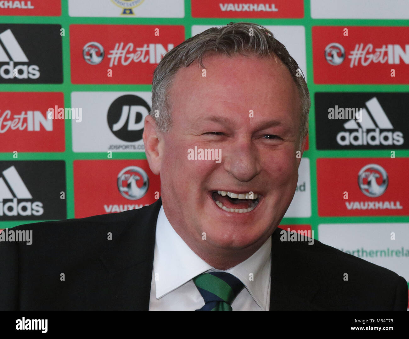 Belfast, Regno Unito. Il 9 febbraio, 2018. Stadio Nazionale al Windsor Park di Belfast, Irlanda del Nord. 09 febbraio 2018. La Irish Football Association oggi formalmente annunciato che l'Irlanda del Nord manager Michael O'Neill aveva firmato un mandato di quattro anni di estensione del contratto. O'Neill è stata contratta a 2020 ma il nuovo contratto, la più lunga e la più lucroso contratto in associazione storia, corre a 2024 e giunge dopo settimane O'Neill aveva incontrato la Scottish Football Association e rivolta verso il basso una possibilità di successo, Gordon Strachan come manager della Scozia. Credito: David Hunter/Alamy Live News Foto Stock