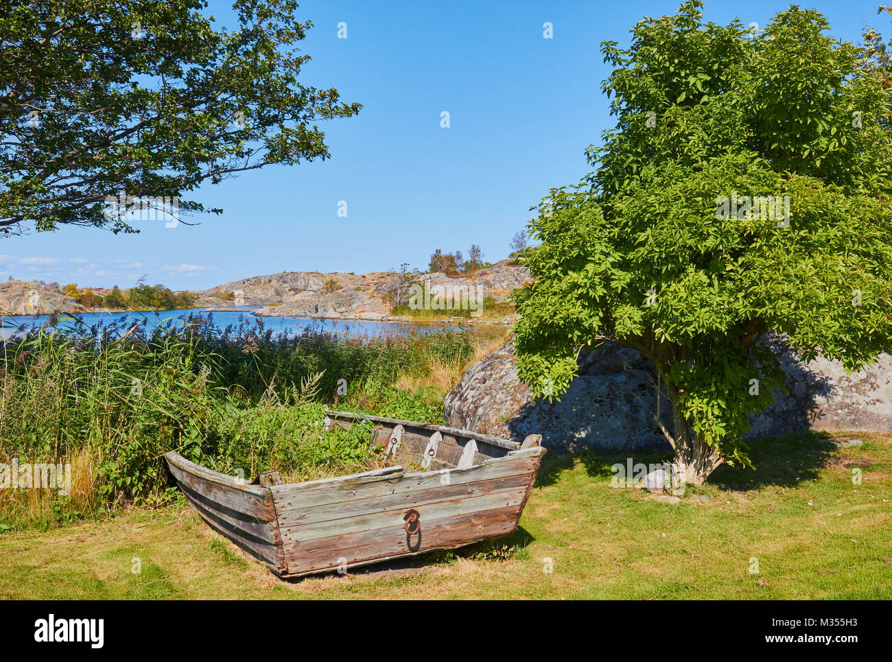 Il vecchio legno barca a remi ora ricoperta con piante sull isola nell'arcipelago di Stoccolma, Svezia e Scandinavia Foto Stock