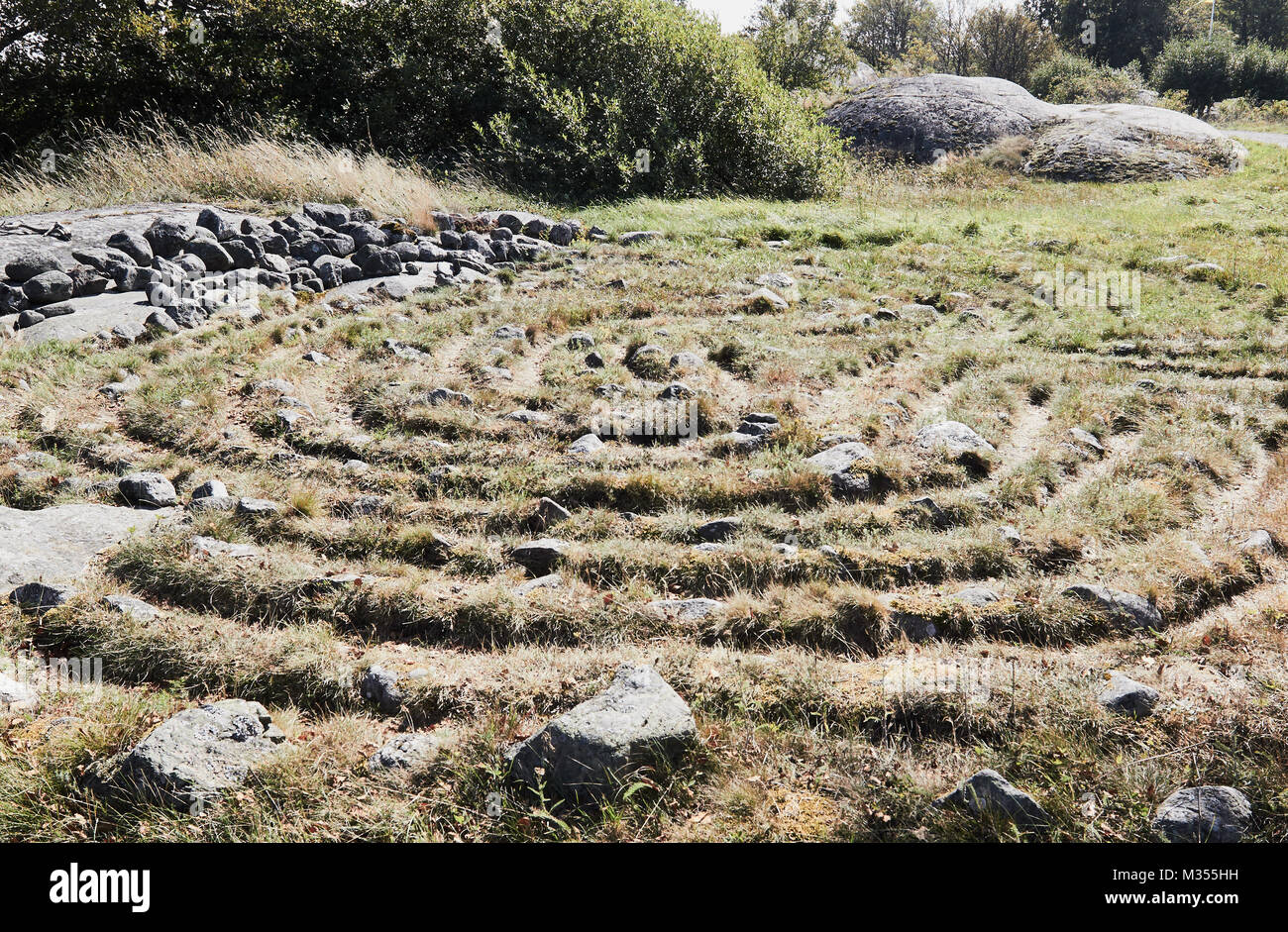 Labirinto sull isola di Oja (Landsort), il punto più meridionale nell'arcipelago di Stoccolma, Svezia, in Scandinavia. Foto Stock