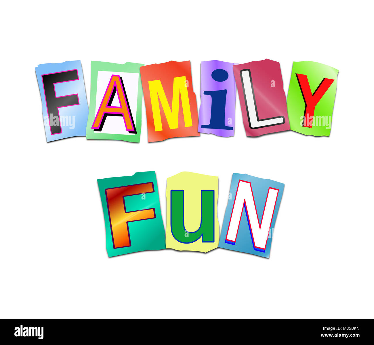 Illustrazione raffigurante una serie di tagliare le lettere stampate disposte in modo da formare le parole e per il divertimento di tutta la famiglia. Foto Stock