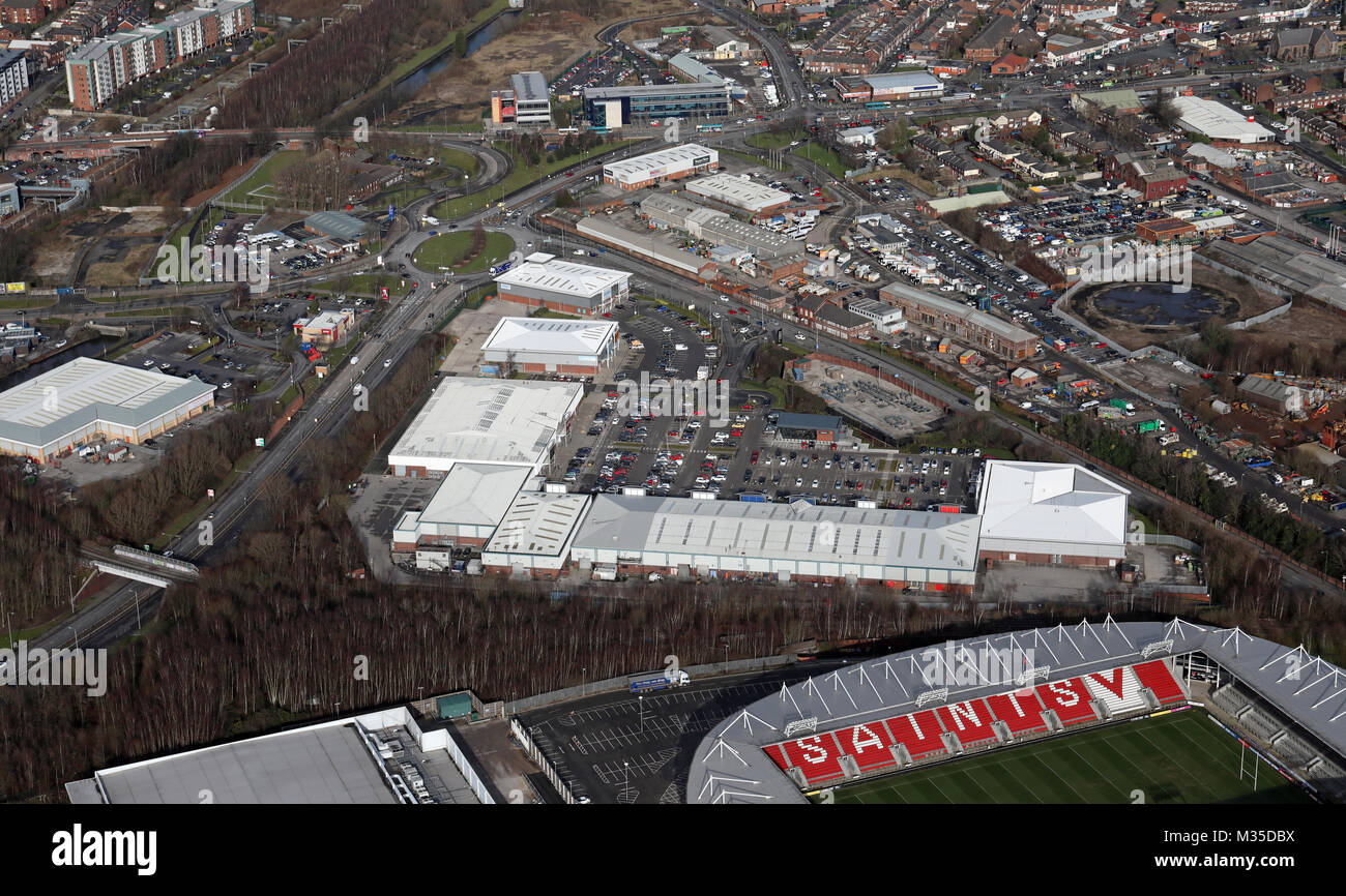 Vista aerea di Sant Helens Retail Park, Merseyside WA9 1JJ, REGNO UNITO Foto Stock Vista aerea di Sant Helens Retail Park, Merseyside WA9 1JJ, REGNO UNITO Foto Stock