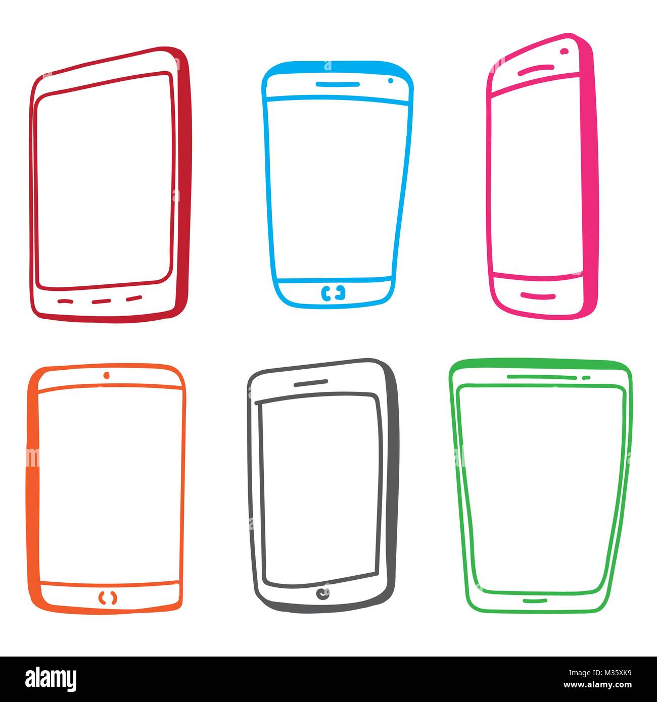 Colorato telefono mobile e la tavoletta digitale disegnati a mano Vector Icon Set. Illustrazione Vettoriale