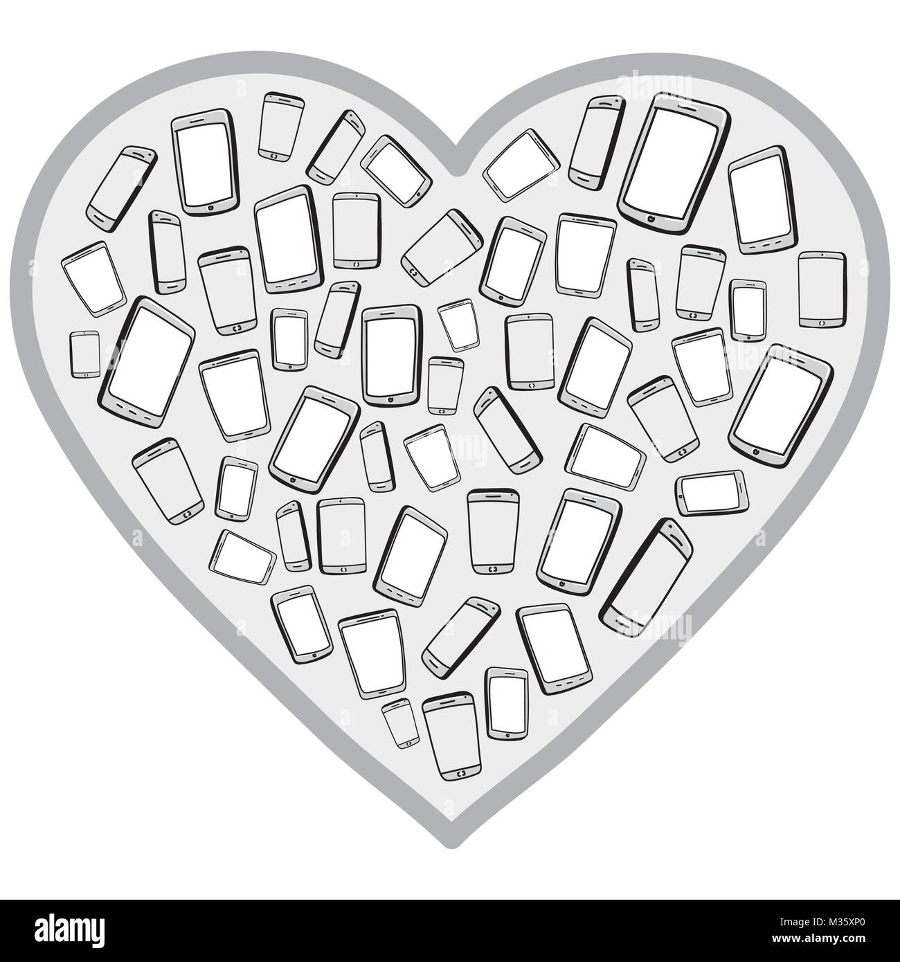 Colorato i telefoni cellulari e i computer Tablet con forma di cuore / disegnati a mano illustrazione vettoriale Illustrazione Vettoriale