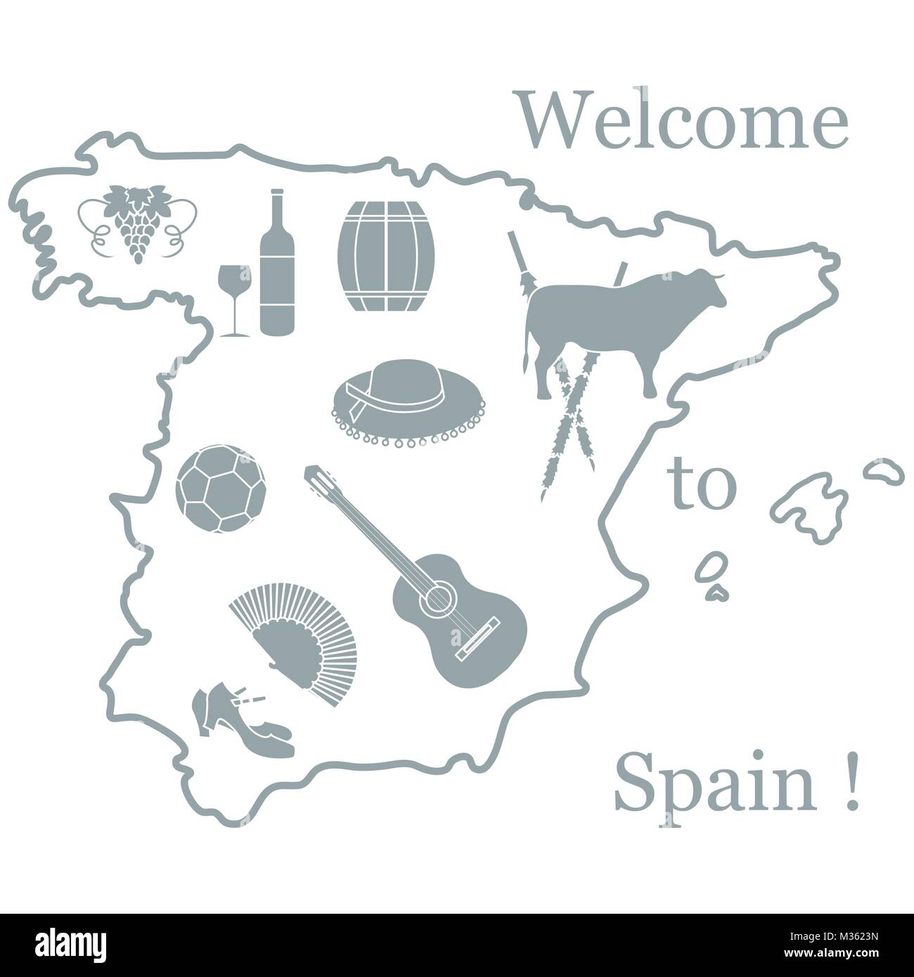 Illustrazione Vettoriale con vari simboli della Spagna. Viaggi e tempo libero. Design per banner, poster o di stampa. Illustrazione Vettoriale