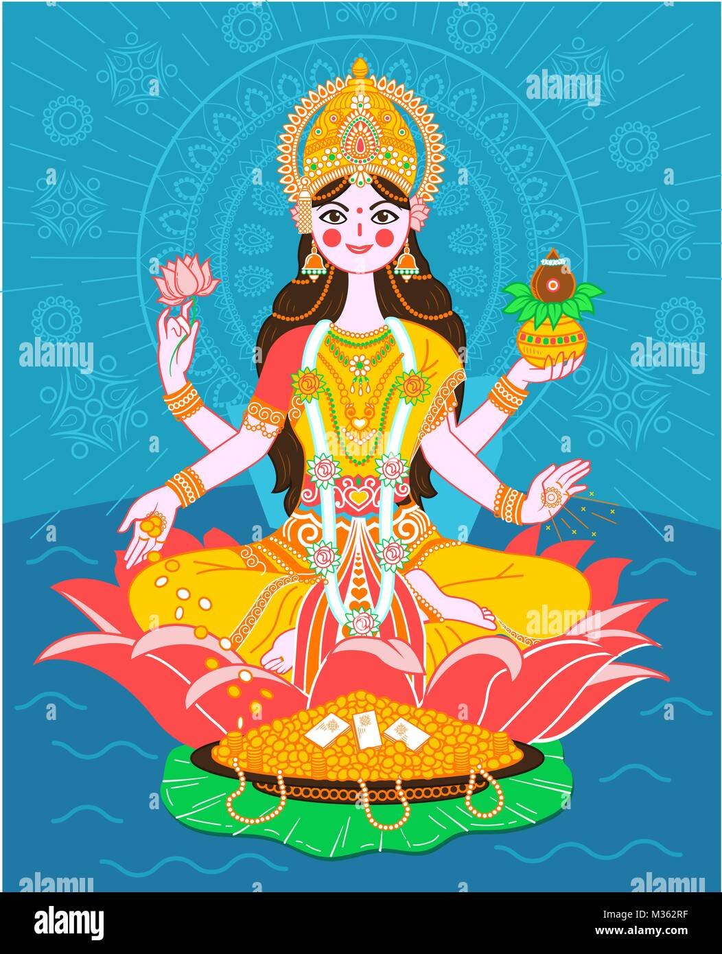 Illustrazione della dea Lakshmi su una lotus in uno stile piatto Illustrazione Vettoriale