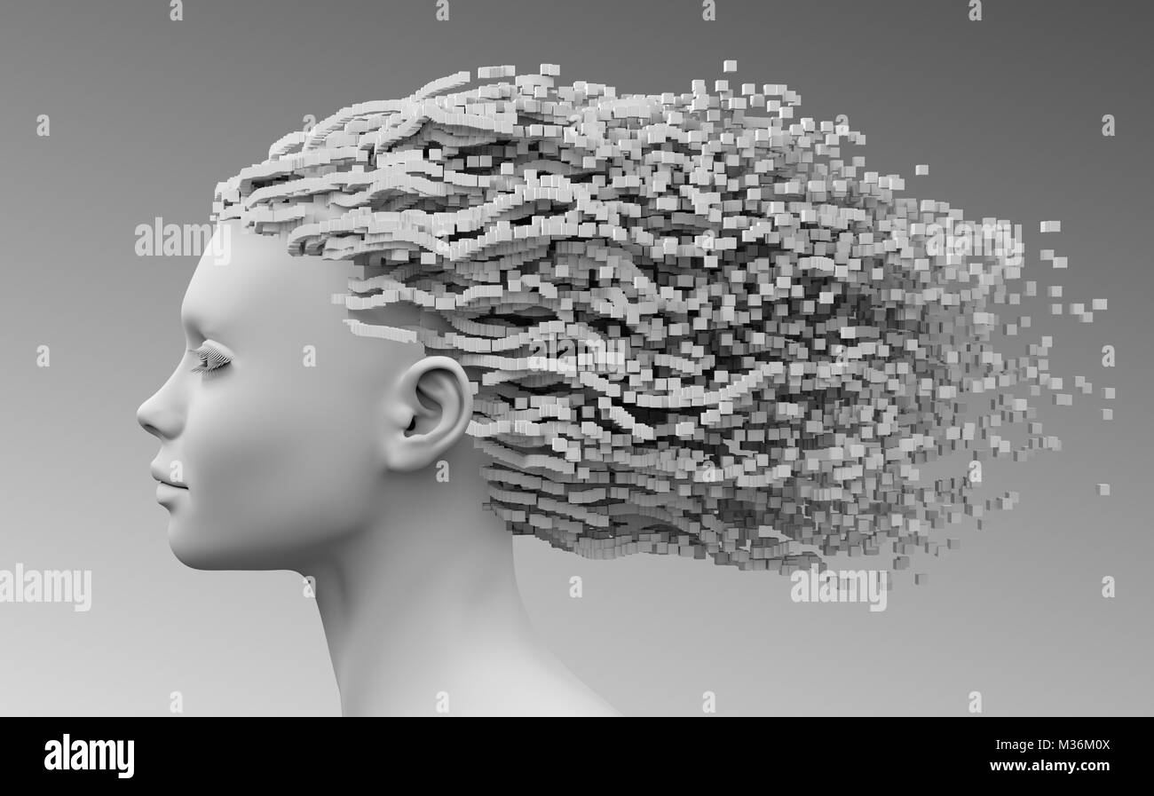 Testa di donna giovane e bellissima e 3D Pixel come capelli Foto Stock
