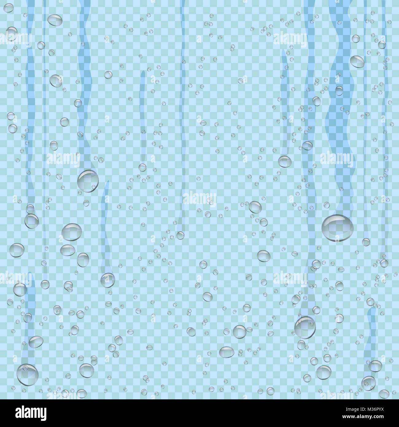 Le goccioline di acqua di fluire in basso blu trasparente Illustrazione Vettoriale
