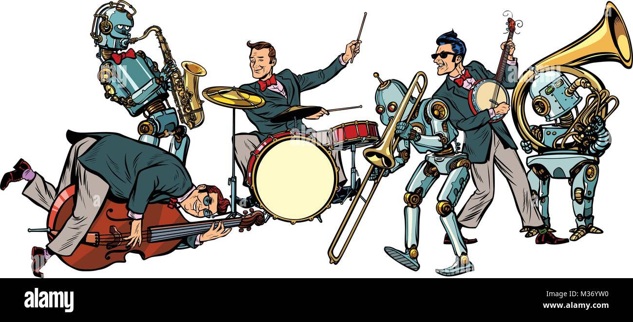 Il futuristico jazz orchestra di esseri umani e robot, isolati su sfondo bianco. La Pop art retrò illustrazione vettoriale del fumetto comico del disegno a mano Illustrazione Vettoriale