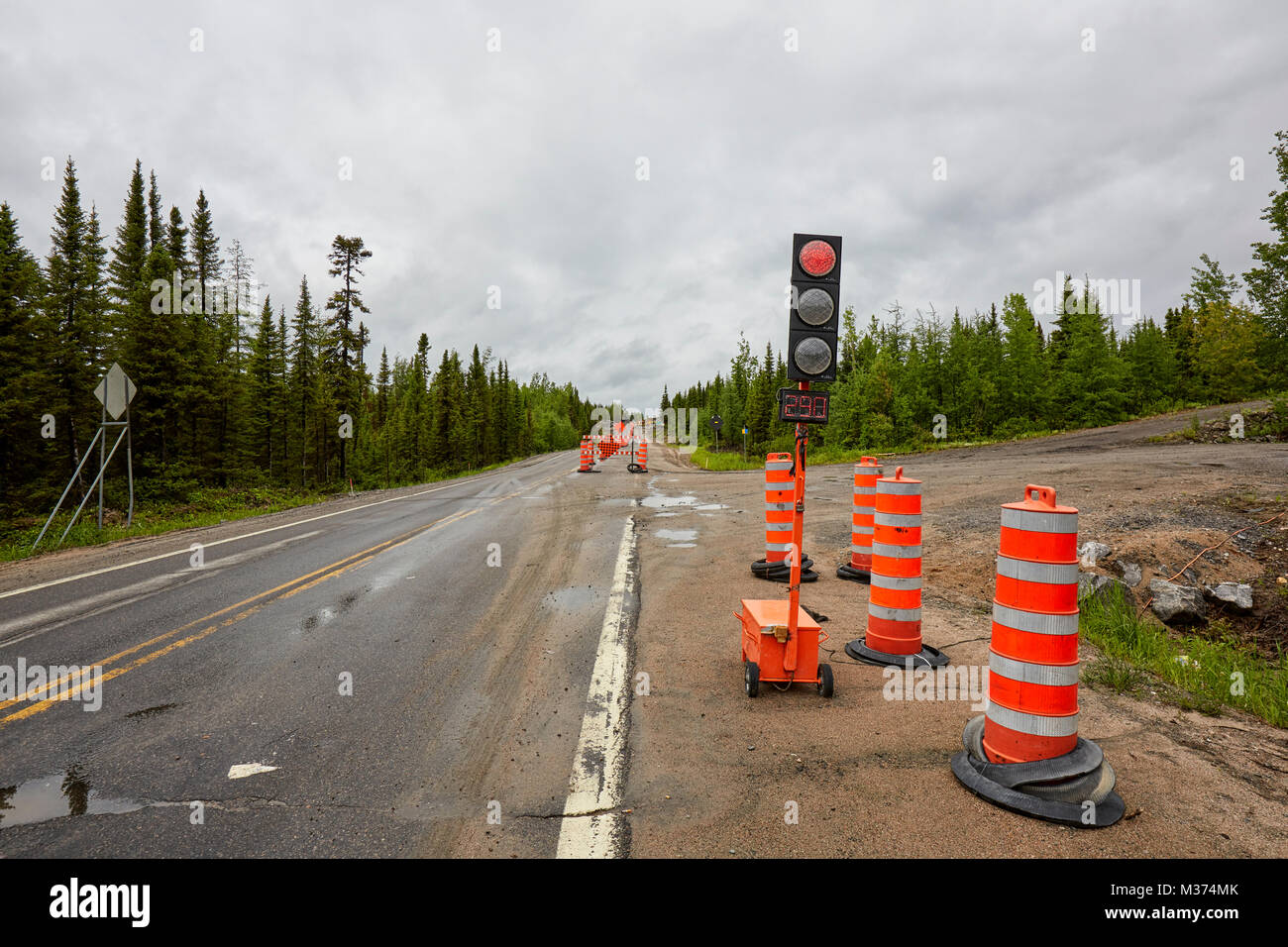 La costruzione di strade, Route 389, Quebec, Canada Foto Stock