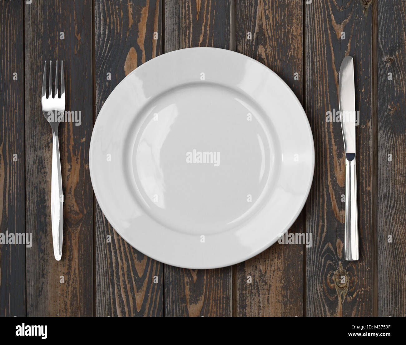 Vecchio tavolo di legno con la piastra impostazione vista superiore Foto Stock