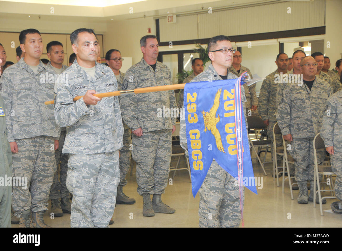 L'Hawaii Air National Guard 293rd della lotta contro le comunicazioni Sqaudron sorge nella formazione come guida sul portatore saluta le unità commander una volta finale durante il 293rd CBCS disattivazione cerimonia di premiazione che si terrà su base comune Harbor-Hickam perla, Hawaii, nov. 05, 2016. La cerimonia di disattivazione è un tempo onorata tradizione militare in cui una unità è disattivato e i casi i colori per indicare il ritorno della designazione dell'unità. (U.S. Air National Guard foto di Airman 1. Classe Stan Pak/RILASCIATO) 161106-Z-F3908-001 dalla Hawaii Air National Guard Foto Stock