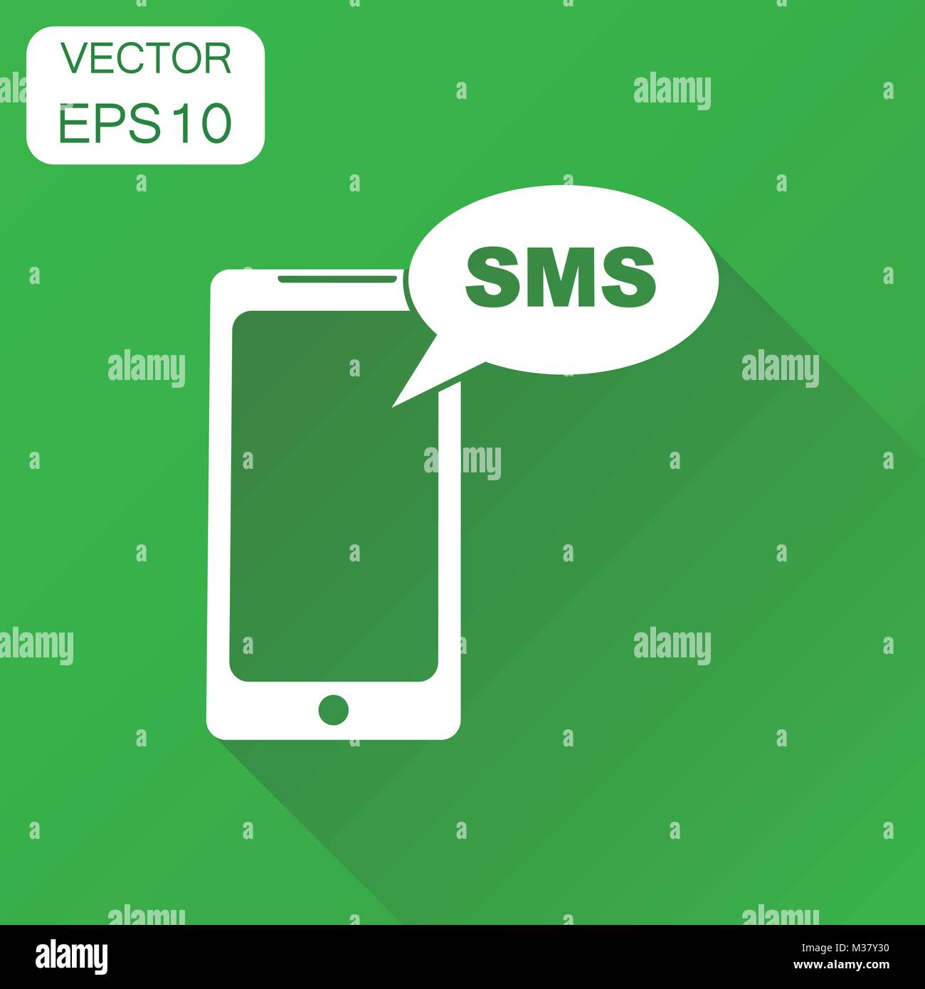 Smartphone con sms buble icona. Il concetto di Business phone con pittogramma del messaggio. Illustrazione Vettoriale su sfondo verde con lunga ombra. Illustrazione Vettoriale