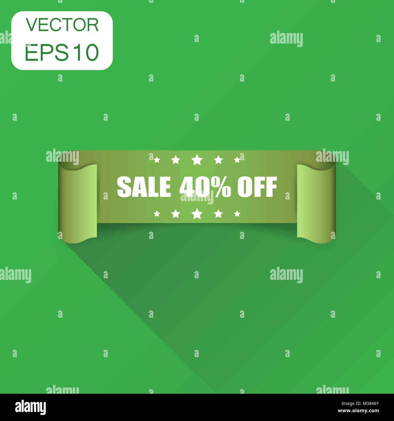 Vendita 40%'icona a forma di nastro. Il concetto di Business vendita 40 percento etichetta adesivo pittogramma. Illustrazione Vettoriale su sfondo verde con lunga ombra. Illustrazione Vettoriale