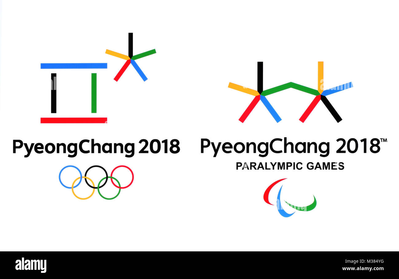 Kiev, Ucraina - 18 Settembre 2017: Loghi ufficiali del 2018 dei Giochi Olimpici Invernali di PyeongChang, Repubblica di Corea, dal 9 febbraio al 25 febbraio, Foto Stock