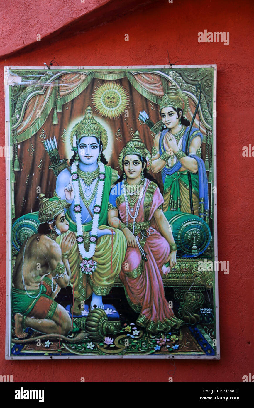 Sita Amman Tempio Seetha Eliya centrale Provincia dello Sri Lanka ha detto di essere il luogo dove Ravana detenute sita in cattività Il Ramayana dipinto del Signore Rama, Sita, Lakshmana e Hanuman Foto Stock