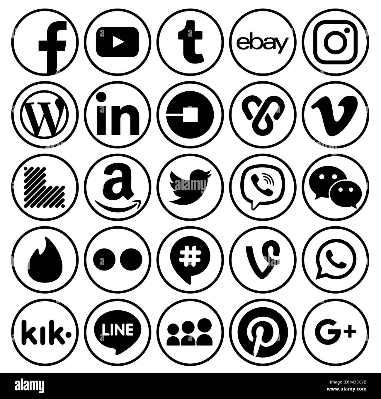 Kiev, Ucraina - 11 Settembre 2017: Raccolta di popolari tondo nero social media icone, stampato su carta: Facebook, Twitter, Google Plus, Instagram, Foto Stock