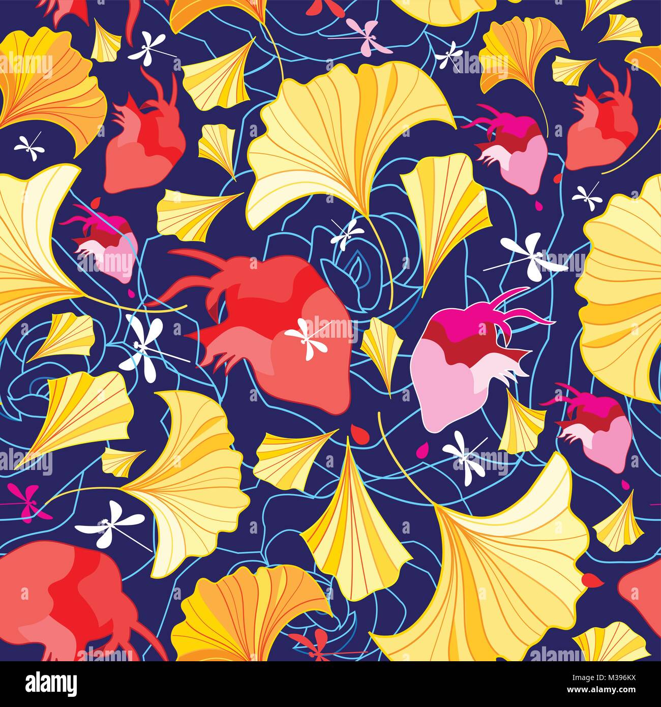 Bellissimo modello di foglie di ginkgo e cuori su uno sfondo blu scuro Illustrazione Vettoriale