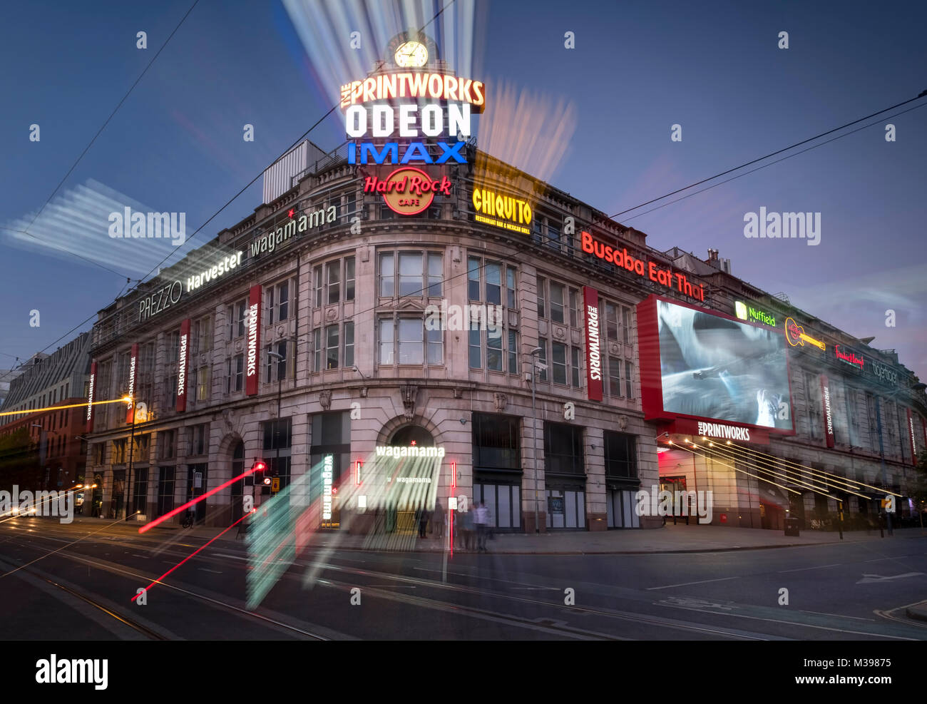 Il Printworks di notte, il centro città di Manchester, Greater Manchester, Inghilterra, Regno Unito Foto Stock