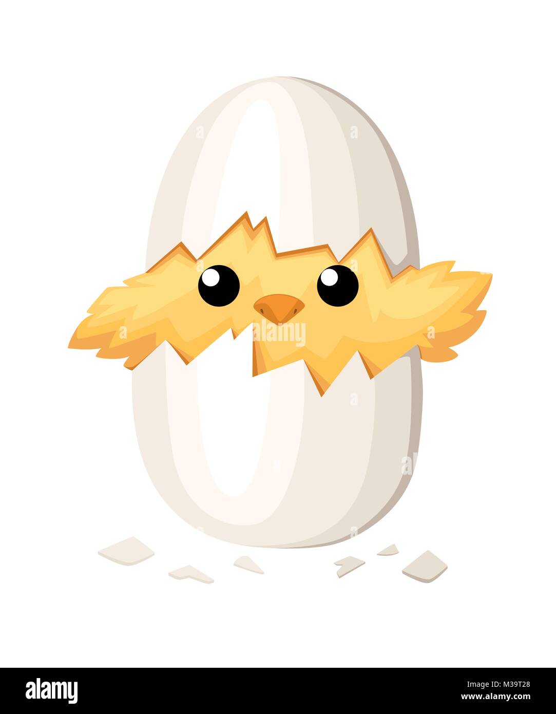 Divertente il pollo in uova di pasqua decorazione vettore cartoon clipart piana uccello giallo in un guscio d'uovo illustrazione vettoriale su sfondo bianco. Illustrazione Vettoriale