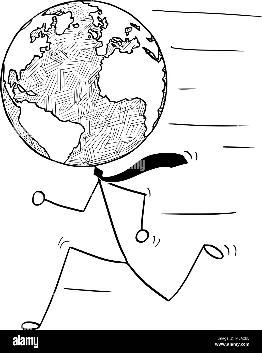 Cartoon di esecuzione di imprenditore con terra Globo mondo come capo Illustrazione Vettoriale