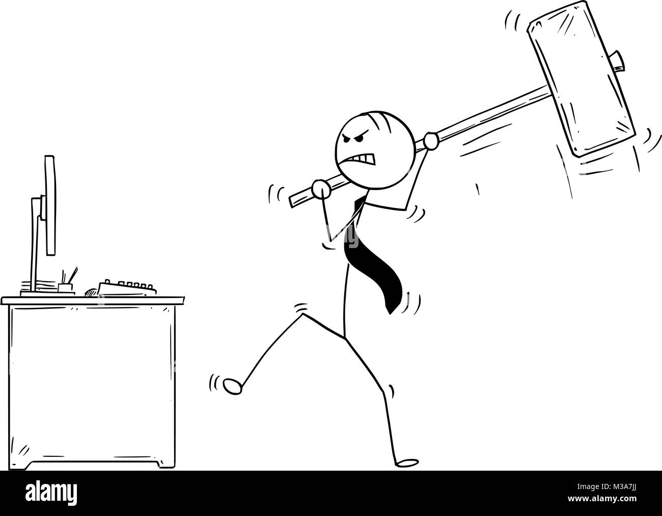 Cartoon di Angry Businessman pronto a distruggere il computer di ufficio da grandi mazza o martello Illustrazione Vettoriale