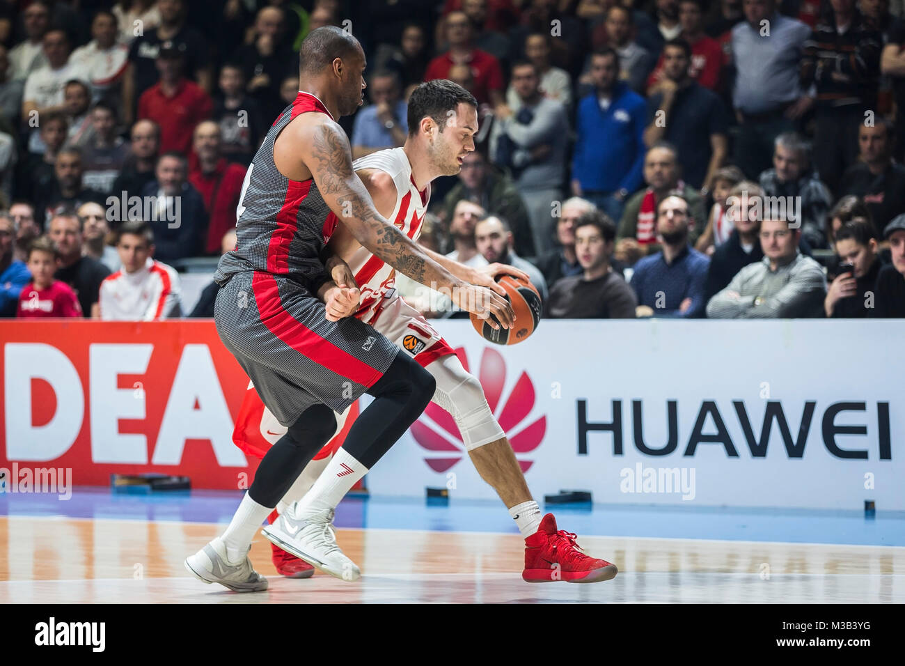 9 febbraio 2018, Aleksandar Nikolic Hall, Belgrado, Serbia; Eurolega di basket, Crvenz Zvezda mts Belgrado versus AX Armani Exchange Olimpia Milano; Centro Stefan Jankovic della Crvena Zvezda Belgrado mts in azione durante la partita Foto Stock