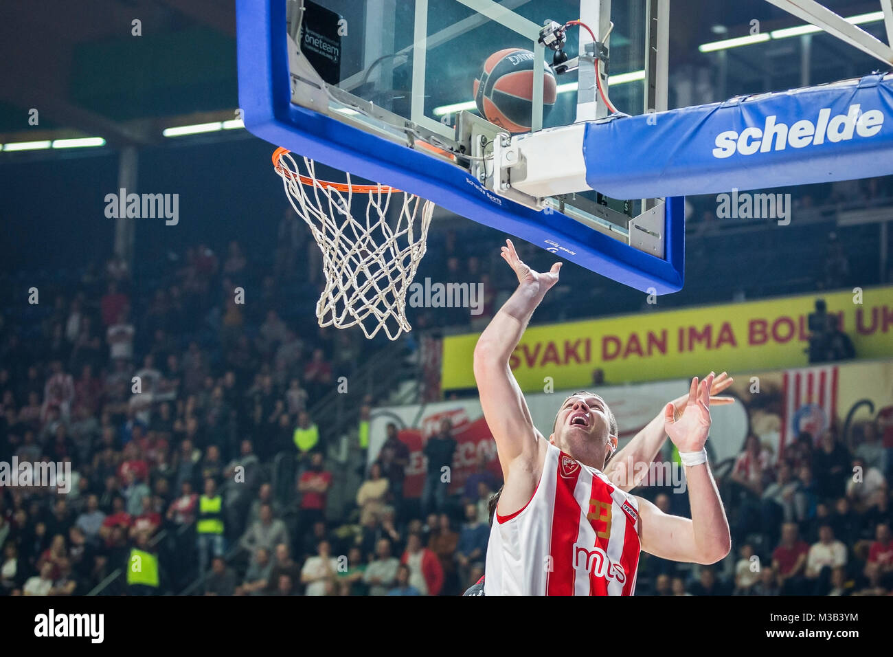 9 febbraio 2018, Aleksandar Nikolic Hall, Belgrado, Serbia; Eurolega di basket, Crvenz Zvezda mts Belgrado versus AX Armani Exchange Olimpia Milano; Centro Alan Omic di Crvena Zvezda Belgrado mts in azione al di sotto del cesto Foto Stock