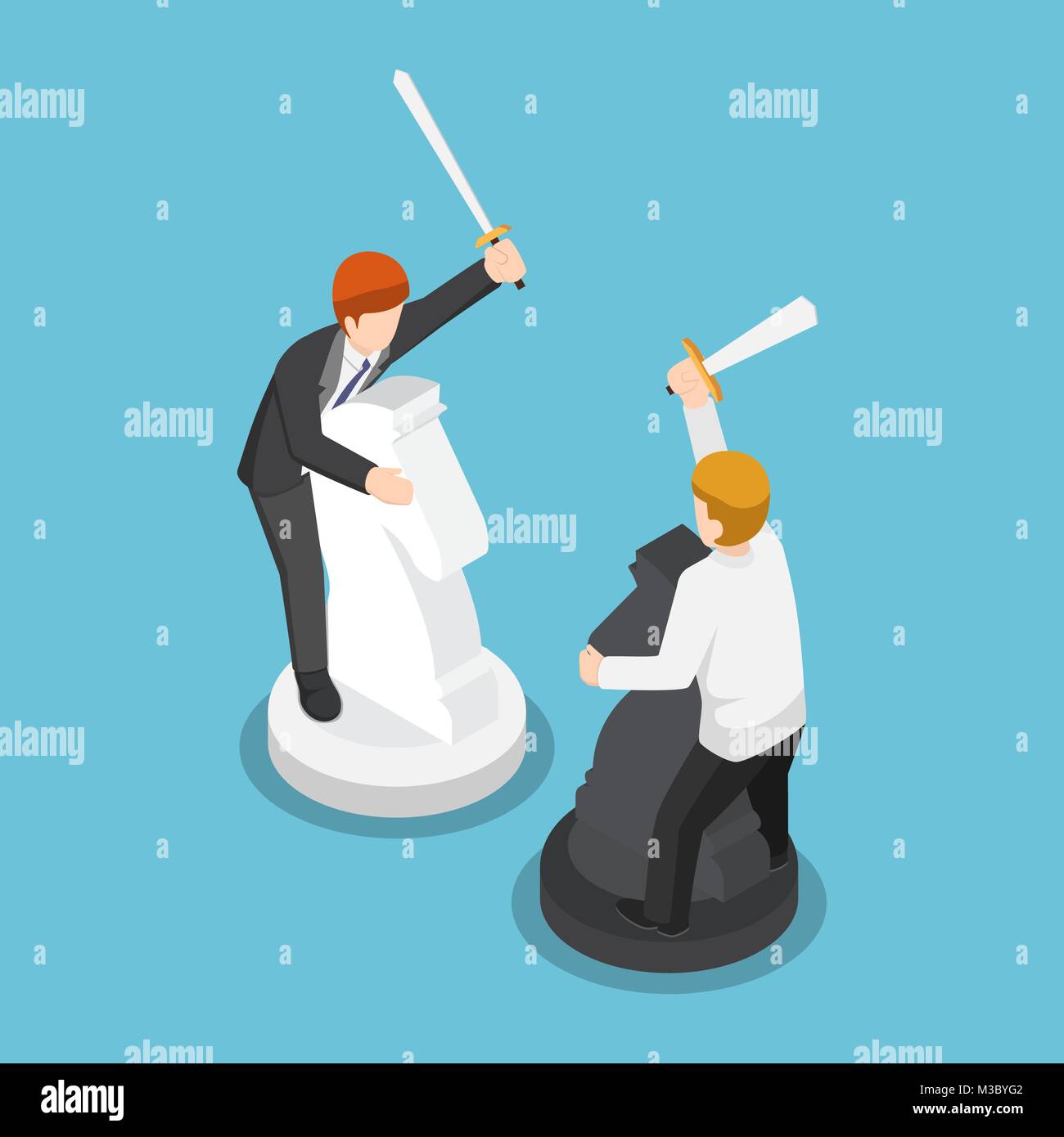 Appartamento 3D isometrica due imprenditori di equitazione di scacchi e uno contro l'altro. Business il concetto di concorrenza. Illustrazione Vettoriale