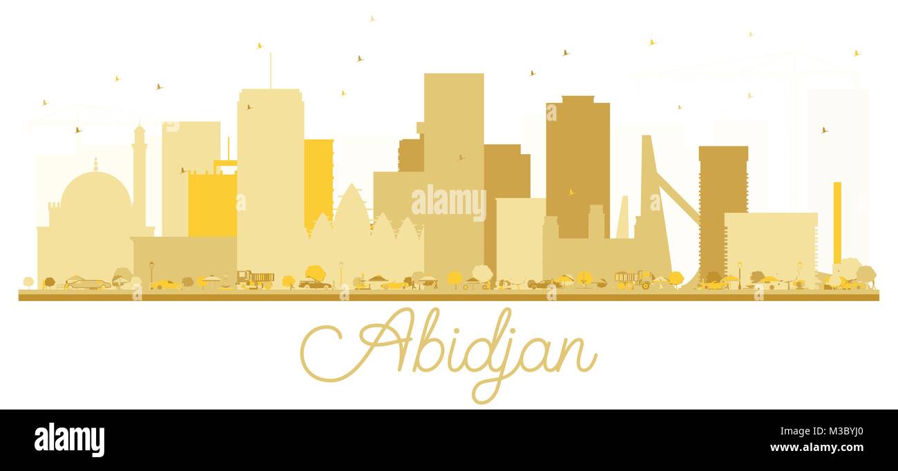 Abidjan in Costa d'Avorio skyline della città golden silhouette. Illustrazione Vettoriale. Piatto semplice concetto per il turismo presentazione, banner, cartellone o sito web. Illustrazione Vettoriale
