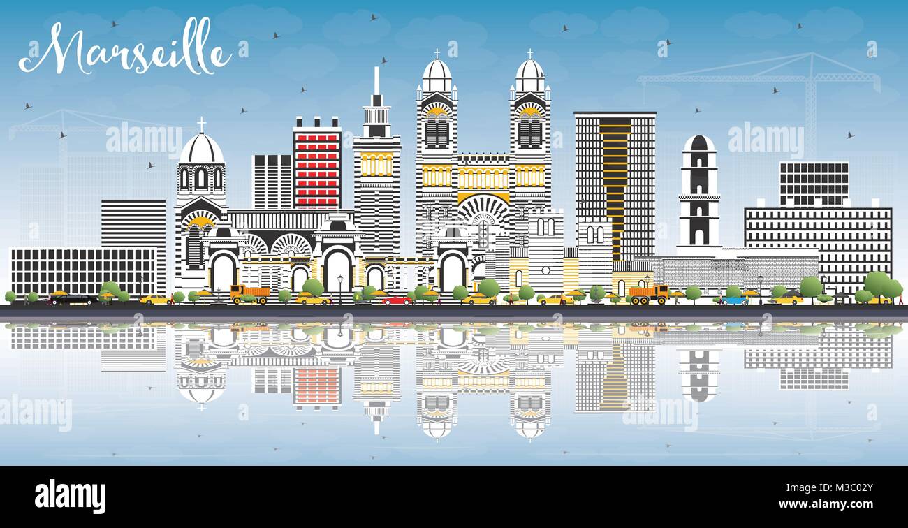 Marsiglia Francia dello skyline della città con edifici grigi, cielo blu e riflessi. Illustrazione Vettoriale. Viaggi di affari e turismo Concept. Illustrazione Vettoriale