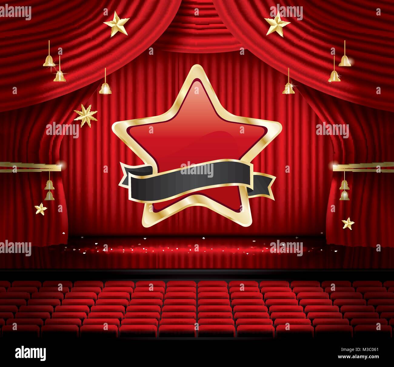 Red sipario di un palcoscenico con Star, sedi e copia di spazio. Illustrazione Vettoriale. Teatro, Opera o il Cinema scena. Luce su un pavimento. Illustrazione Vettoriale