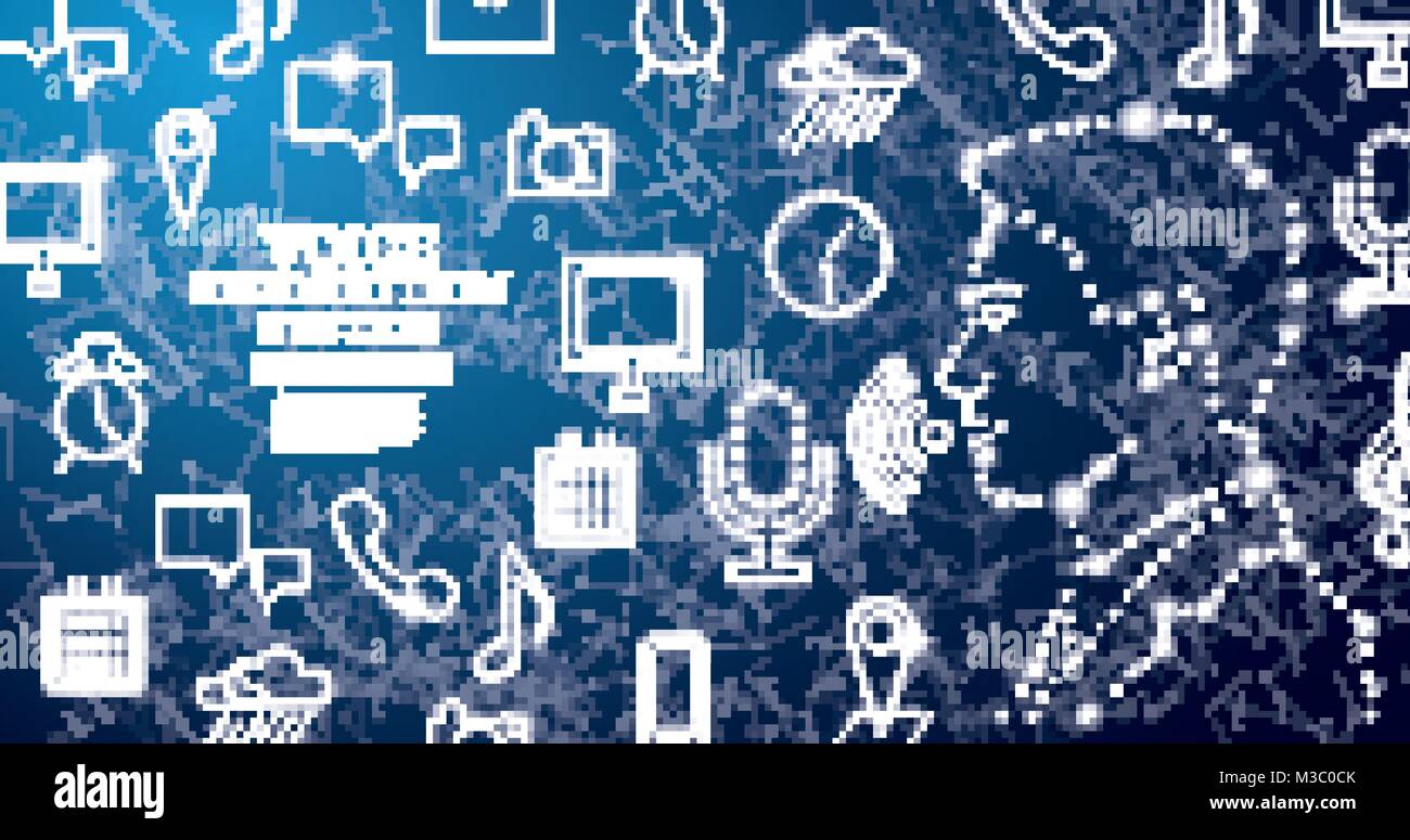 Il riconoscimento vocale assistenza il concetto di sistema con le icone di Neon. Illustrazione Vettoriale. L'uomo faccia. Il riconoscimento vocale simbolo. Illustrazione Vettoriale