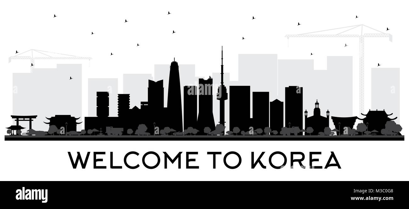 Corea del Sud dello skyline della città Silhouette con edifici di colore nero. Illustrazione Vettoriale. Viaggi di affari e di turismo con il concetto di architettura moderna. Illustrazione Vettoriale