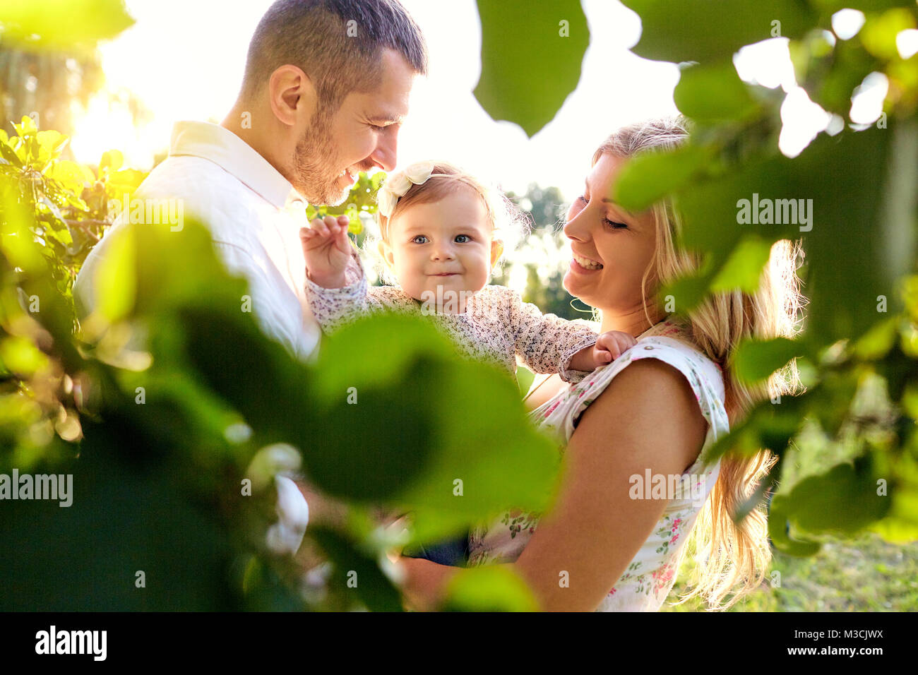 La famiglia felice in un parco in estate. Foto Stock