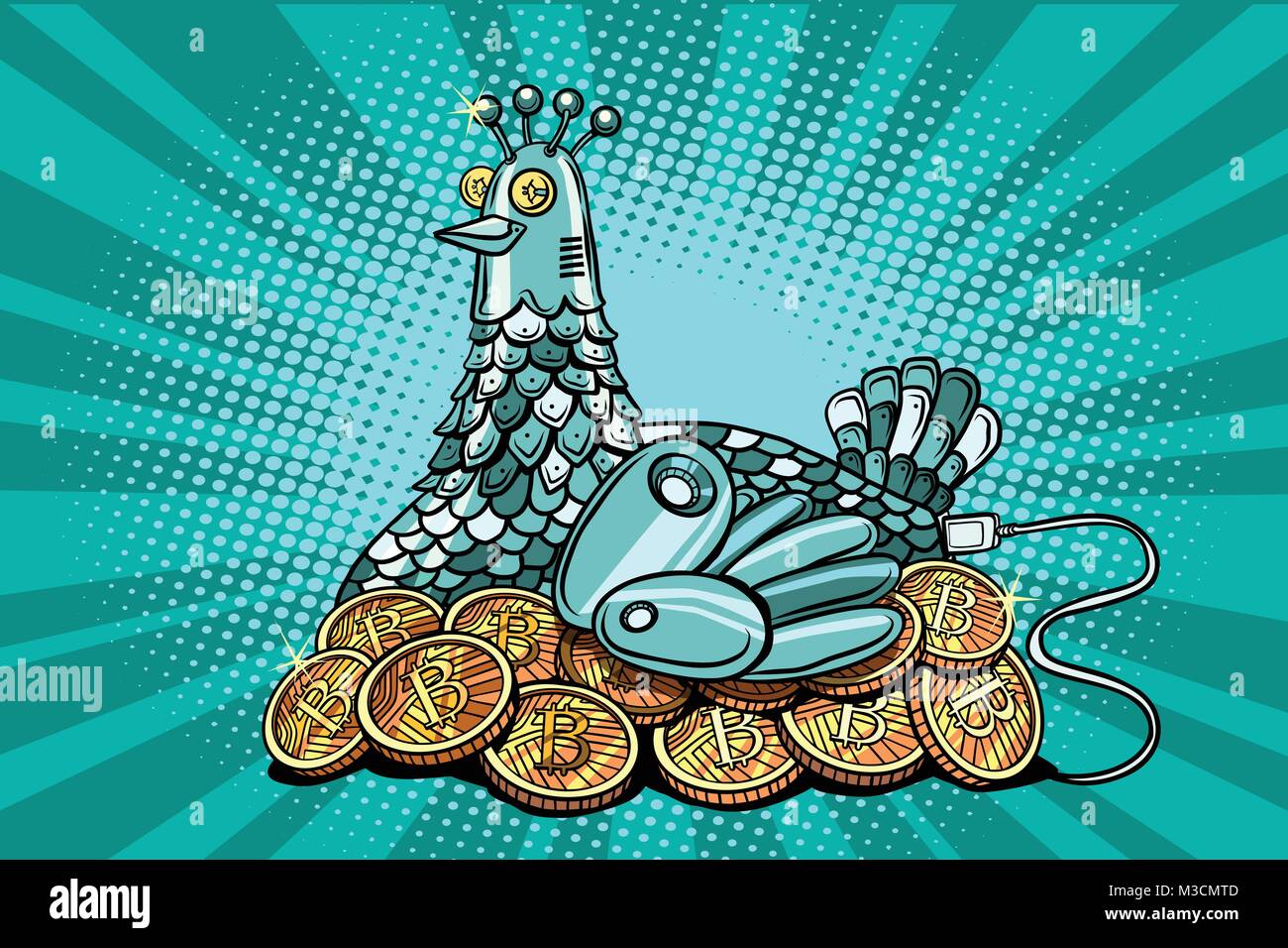 La gallina incuba il denaro elettronico bitcoin. Fumetto cartoon pop art illustrazione retro vintage kitsch vettore Illustrazione Vettoriale