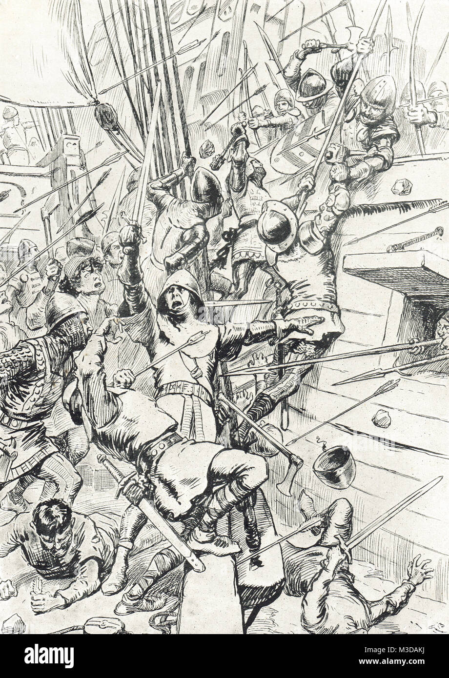 La battaglia di Sluys, 24 giugno 1340 AKA Battaglia di l'Ecluse, mare battaglia combattuta tra Inghilterra e Francia, uno dei conflitti di apertura dei cento anni di guerra Foto Stock