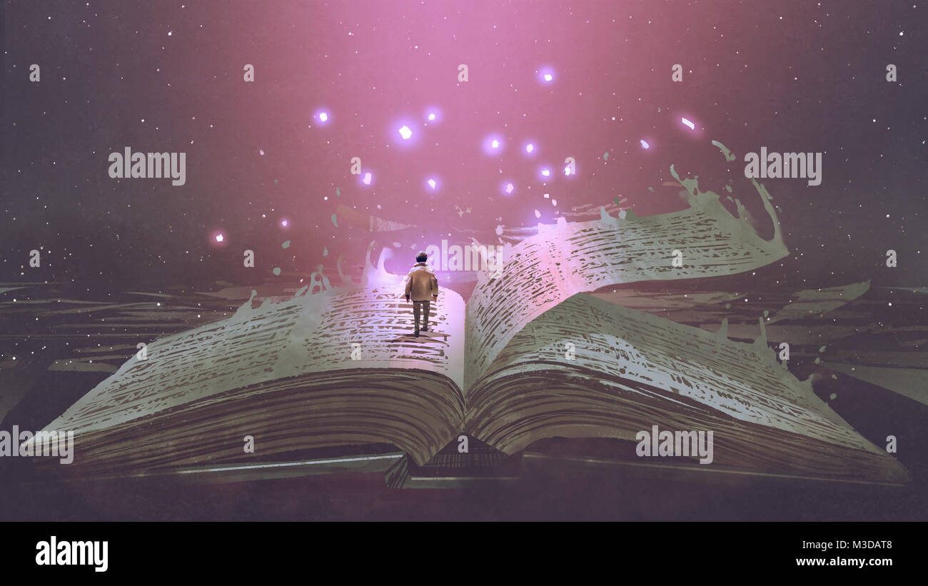 Ragazzo in piedi sul aperto libro gigante con luce di fantasia, arte digitale stile, illustrazione pittura Foto Stock